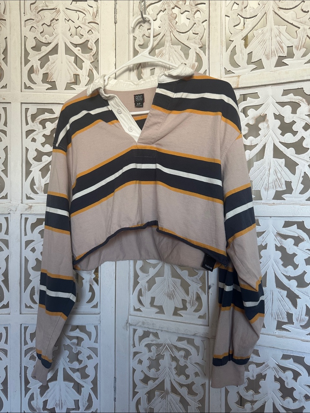 BDG Cropped Rugby Pullover in Taupe, Navy, White & Mustard